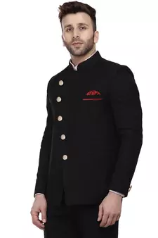 Black Plain Cotton Poly Bandhgala Suit