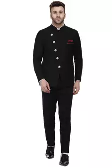 Black Plain Cotton Poly Bandhgala Suit