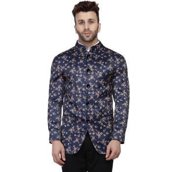 Blue Printed Satin Bandhgala Suit 1