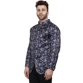 Blue Printed Satin Bandhgala Suit 2