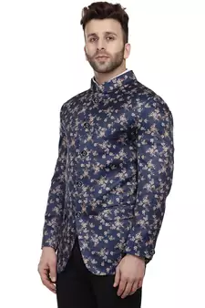 Blue Printed Satin Bandhgala Suit