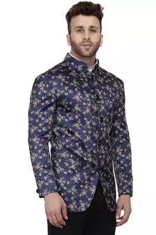 Blue Printed Satin Bandhgala Suit
