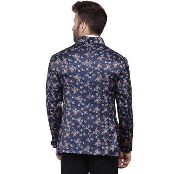 Blue Printed Satin Bandhgala Suit 4