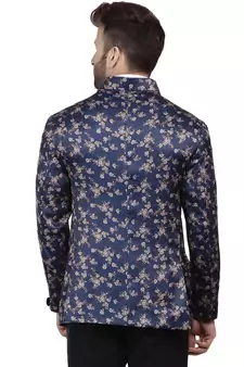 Blue Printed Satin Bandhgala Suit