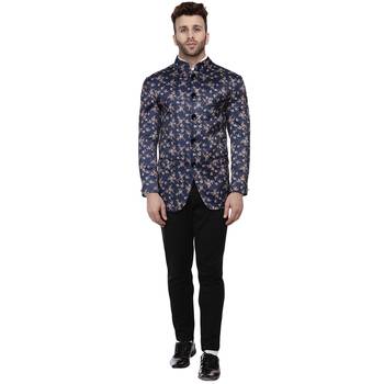 Blue Printed Satin Bandhgala Suit 5