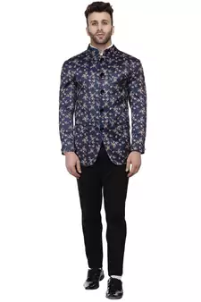 Blue Printed Satin Bandhgala Suit