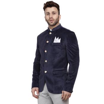 Blue Plain Velvet Ready Made Bandhgala Jodhpuri Blazer 2