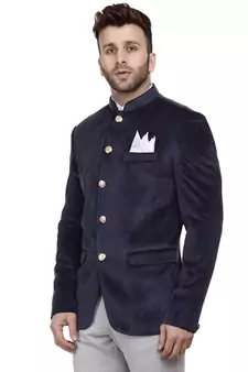 Blue Plain Velvet Ready Made Bandhgala Jodhpuri Blazer