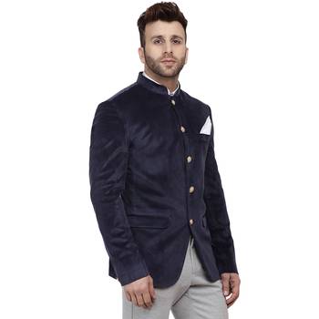 Blue Plain Velvet Ready Made Bandhgala Jodhpuri Blazer 3