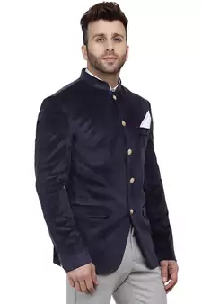 Blue Plain Velvet Ready Made Bandhgala Jodhpuri Blazer