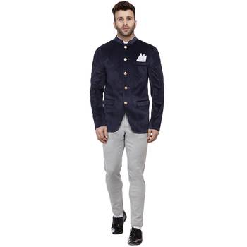 Blue Plain Velvet Ready Made Bandhgala Jodhpuri Blazer 5