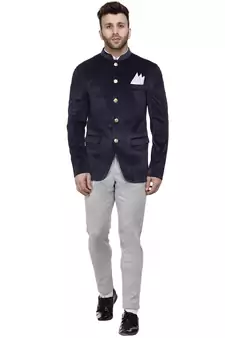 Blue Plain Velvet Ready Made Bandhgala Jodhpuri Blazer