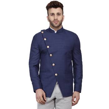 Blue Plain Cotton Poly Bandhgala Suit 1