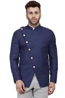 Blue Plain Cotton Poly Bandhgala Suit