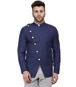 Blue Plain Cotton Poly Bandhgala Suit