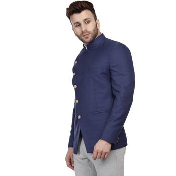 Blue Plain Cotton Poly Bandhgala Suit 2