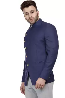 Blue Plain Cotton Poly Bandhgala Suit