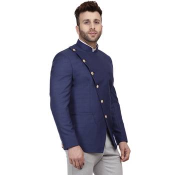 Blue Plain Cotton Poly Bandhgala Suit 3