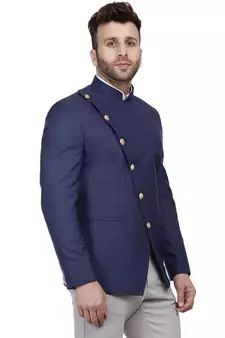 Blue Plain Cotton Poly Bandhgala Suit