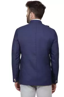 Blue Plain Cotton Poly Bandhgala Suit