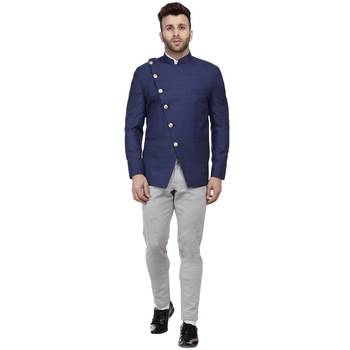 Blue Plain Cotton Poly Bandhgala Suit 5