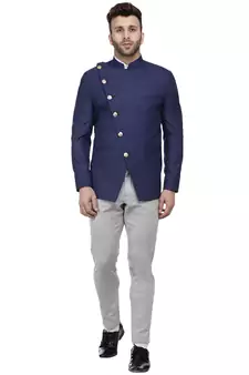 Blue Plain Cotton Poly Bandhgala Suit