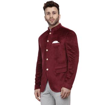 Maroon Plain Velvet Bandhgala Suit 2