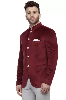 Maroon Plain Velvet Bandhgala Suit