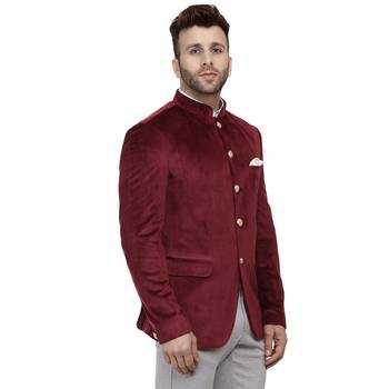 Maroon Plain Velvet Bandhgala Suit 3