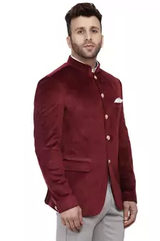 Maroon Plain Velvet Bandhgala Suit