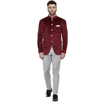 Maroon Plain Velvet Bandhgala Suit 5