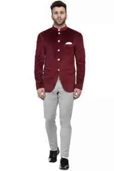 Maroon Plain Velvet Bandhgala Suit