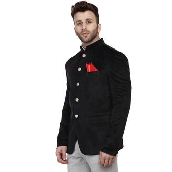 Black Velvet Plain Bandhgala Suit for Men 2