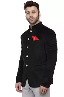 Black Velvet Plain Bandhgala Suit for Men