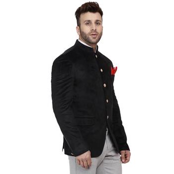 Black Velvet Plain Bandhgala Suit for Men 3