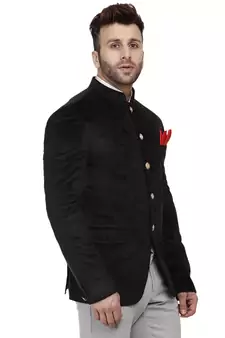 Black Velvet Plain Bandhgala Suit for Men