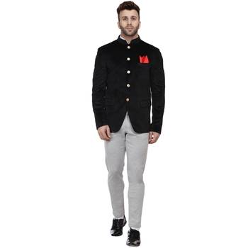 Black Velvet Plain Bandhgala Suit for Men 5
