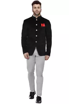 Black Velvet Plain Bandhgala Suit for Men