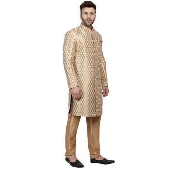 Gold Printed Banarasi Sherwani for Men with Brocade Fabric 3