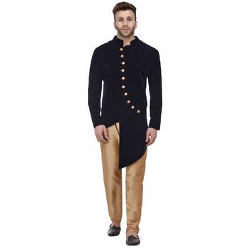 Blue Plain Velvet Indo Western Sherwani for men 1