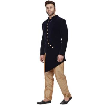 Blue Plain Velvet Indo Western Sherwani for men 2