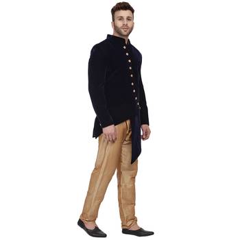 Blue Plain Velvet Indo Western Sherwani for men 3