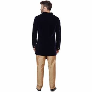Blue Plain Velvet Indo Western Sherwani for men 4