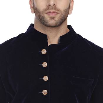 Blue Plain Velvet Indo Western Sherwani for men 5
