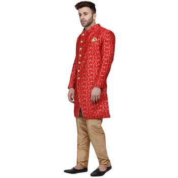 Red Printed Banarasi Brocade Indo Western SHERWANI FOR MEN 2