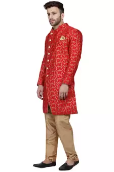 Red Printed Banarasi Brocade Indo Western SHERWANI FOR MEN