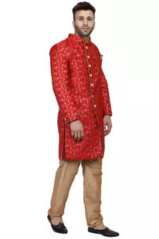 Red Printed Banarasi Brocade Indo Western SHERWANI FOR MEN