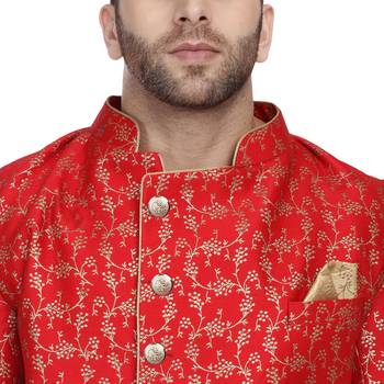 Red Printed Banarasi Brocade Indo Western SHERWANI FOR MEN 5