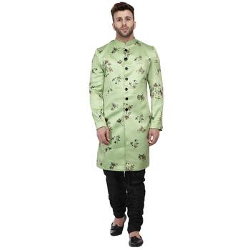 Green Printed Satin Indo Western Sherwani for men 1