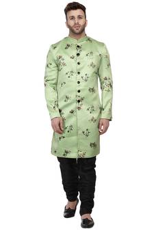 Green Printed Satin Indo Western Sherwani for men